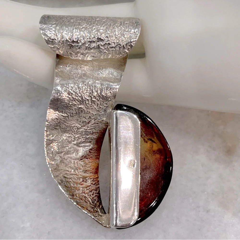 RARE BiColor Baltic Amber Sterling Silver Textured Scrolled Pendant